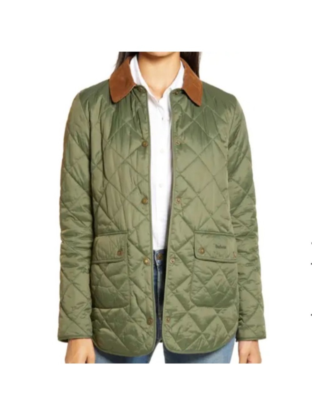 Barbour Pilton Diamond Quilted Puffer Barn Jacket Olive Brown Corduroy Collar